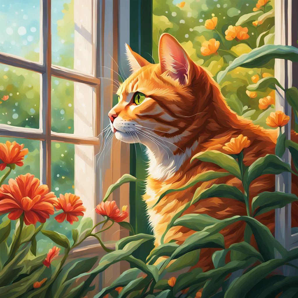 Hyperrealistic Ginger Cat Gazing at Garden