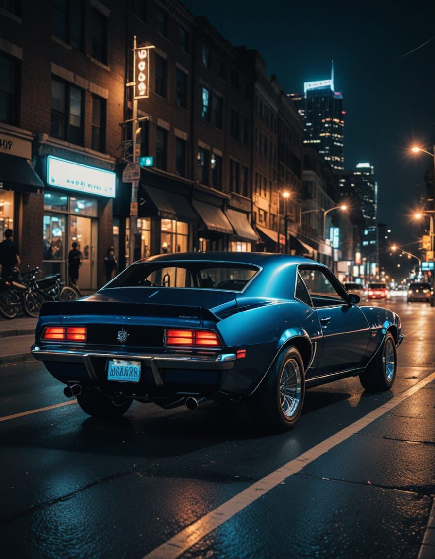 Vintage Dark-Blue Chevy Camaro Performs a Burnout Under Neon...