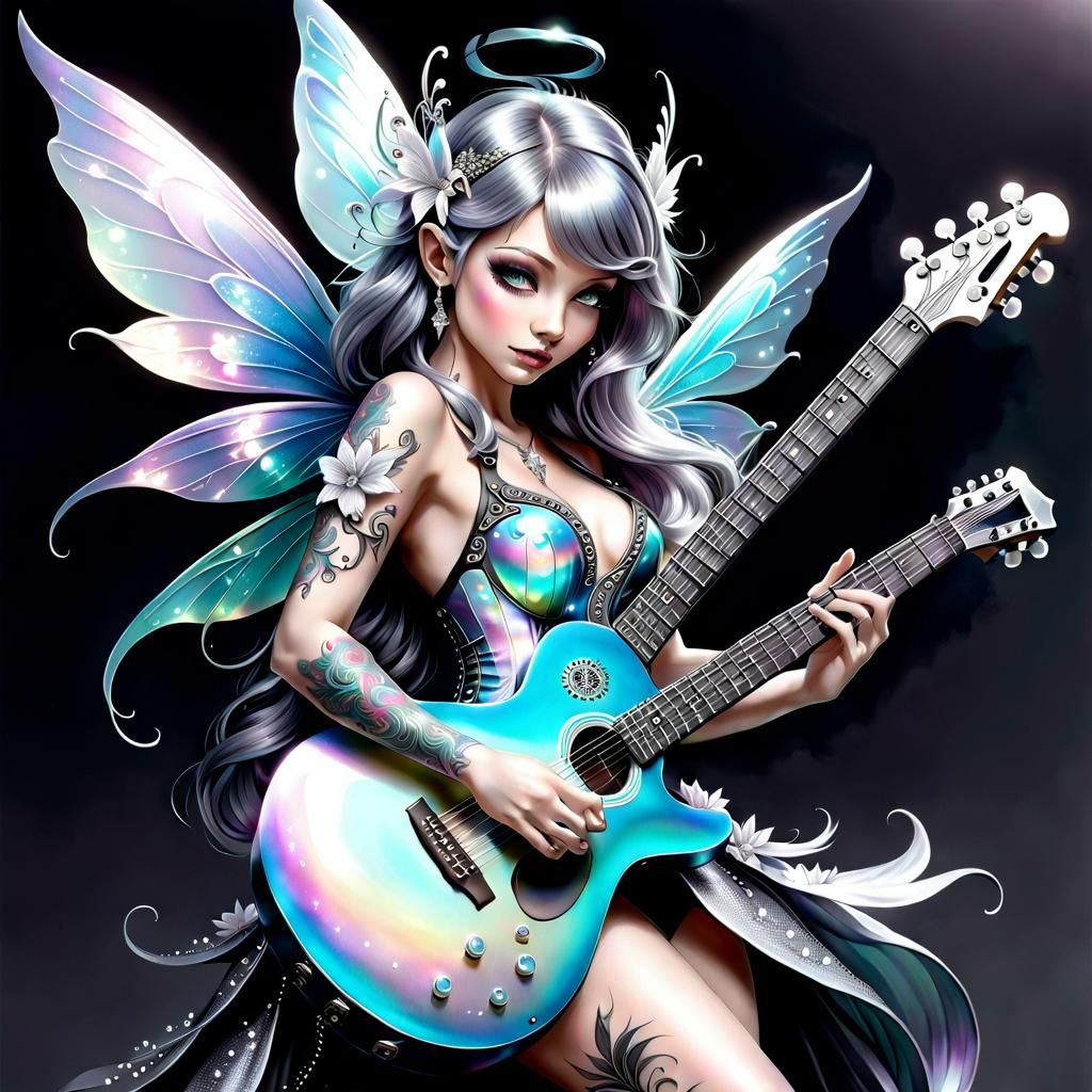 Iridescent Guitar Fairy with Tattoos in Grayscale