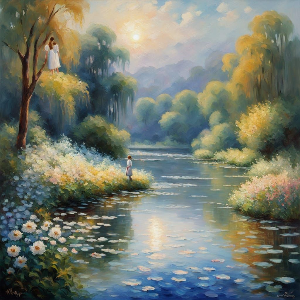 Impressionist Mother and Daughter by River