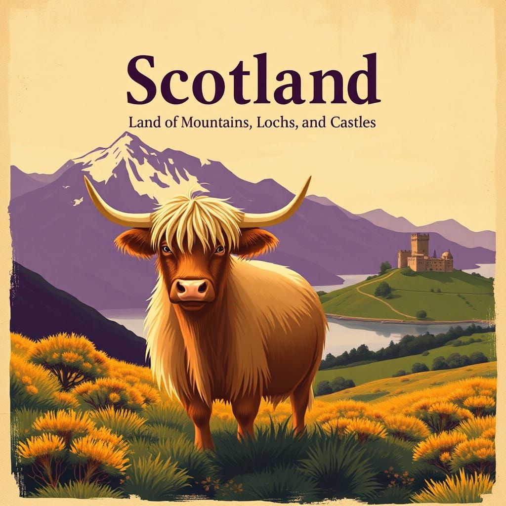 Highland Cow in Scotland: Vintage Travel Poster Art