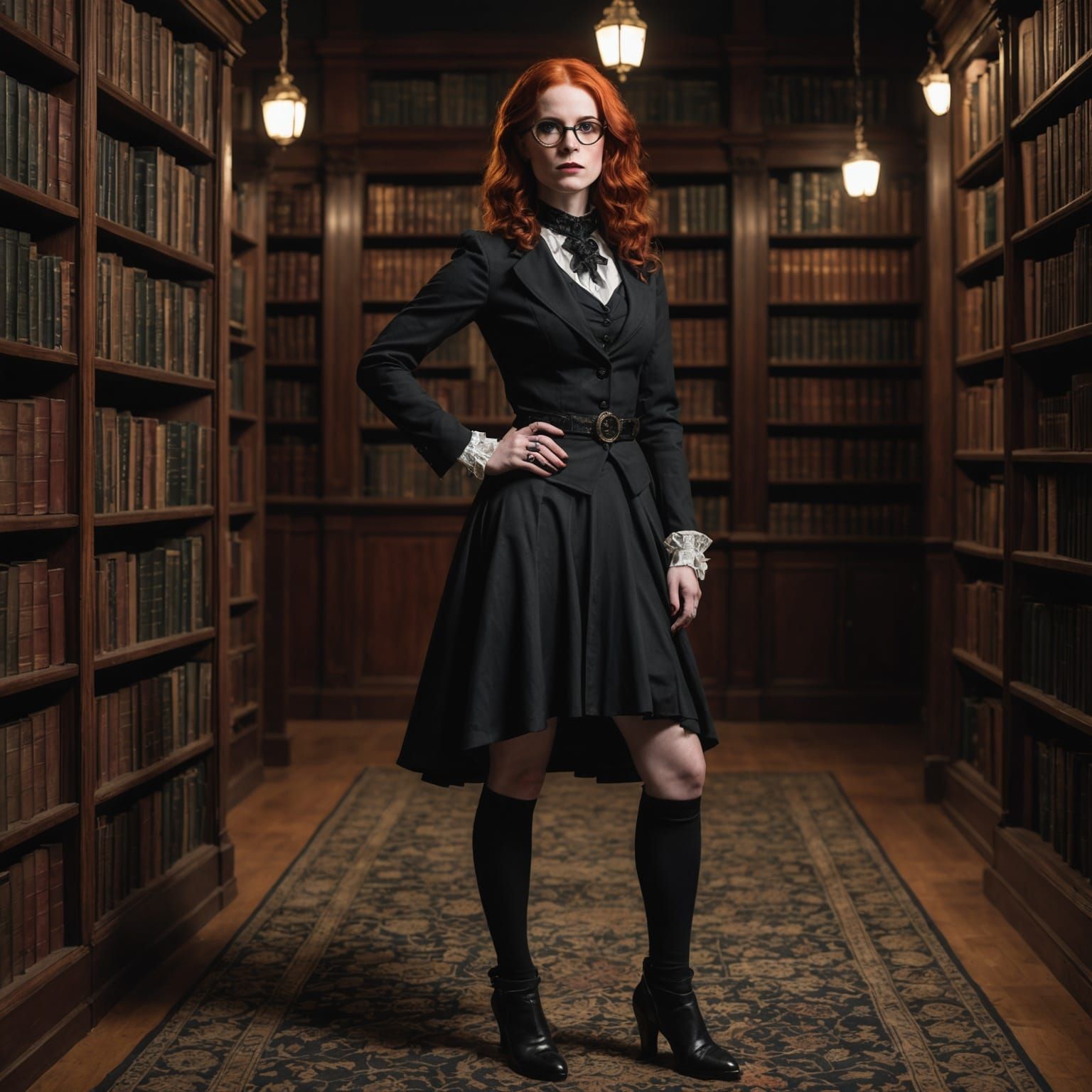 Redhead goth female librarian full body dramatic pose