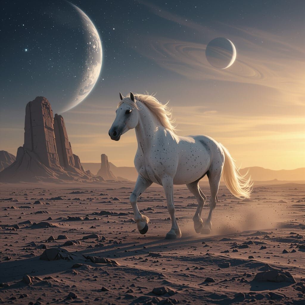White Horse Galloping on Alien Planet Under Binary Sunset