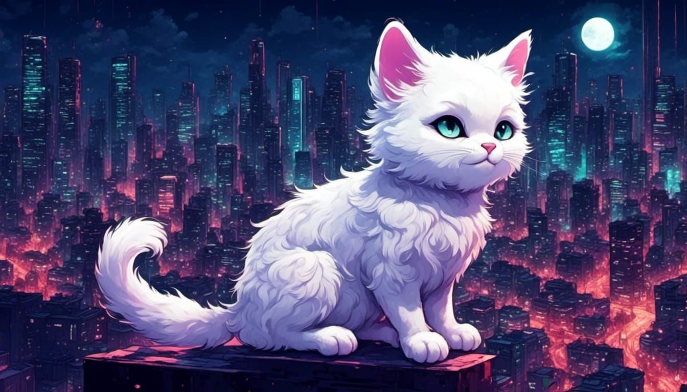 <lora:Synthwave stuff:1.0> a fluffy white  chibi cat at nigh...