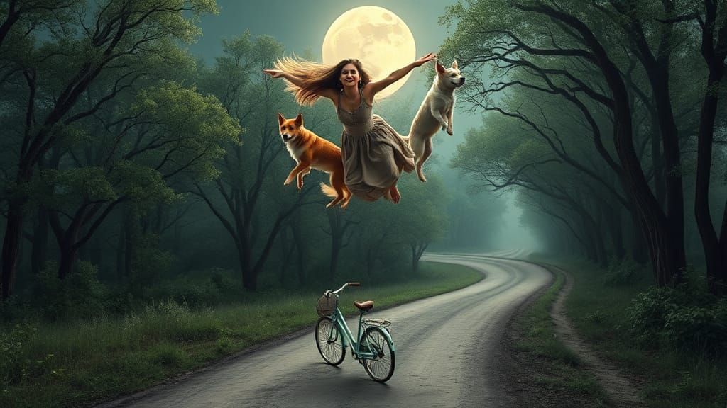 Woman Soars with Dogs in Enchanted Forest