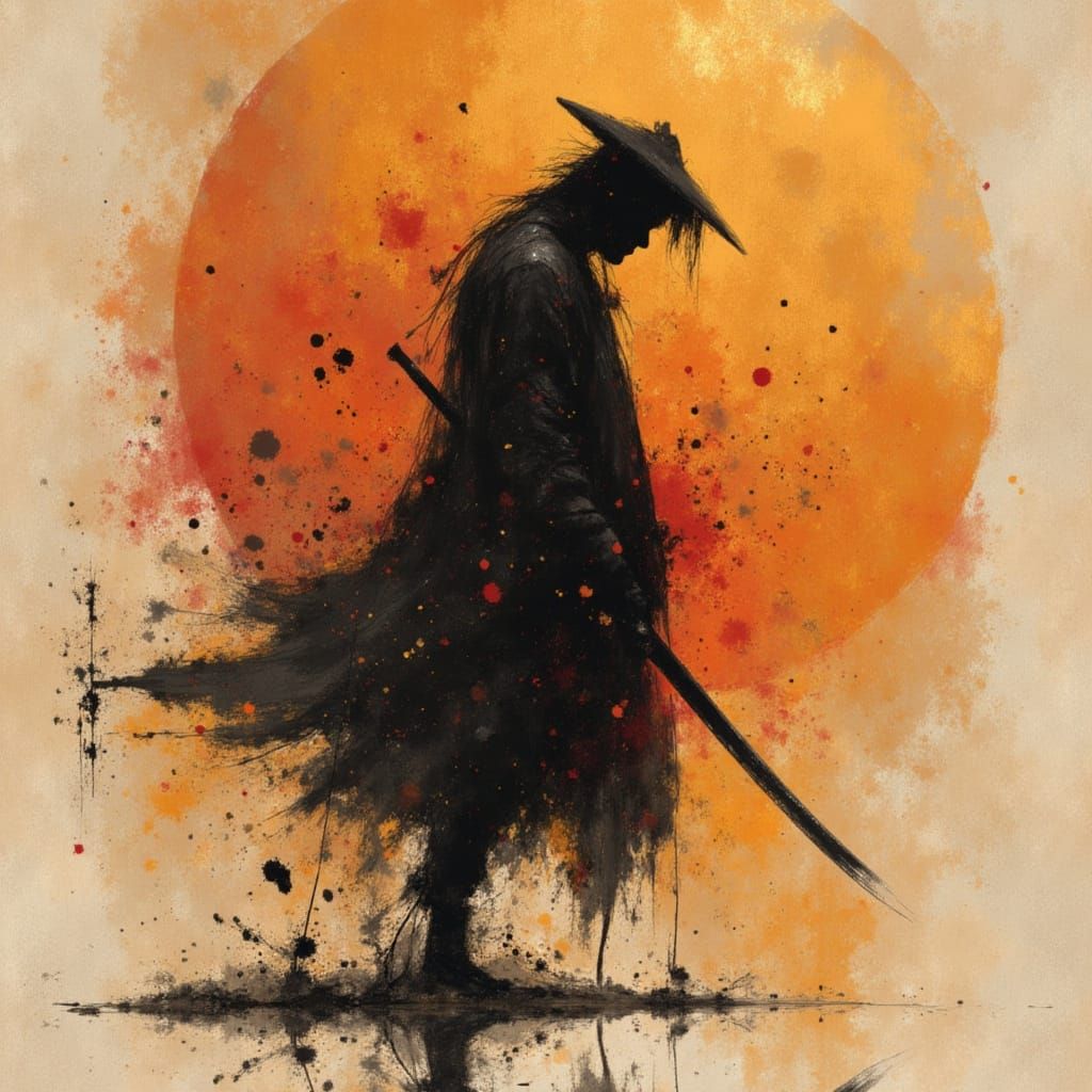 Samurai Gothic Noir Silhouette with Warm Splash Colors
