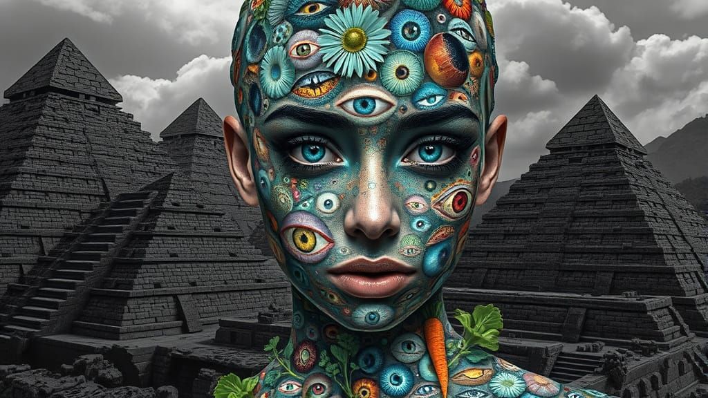 Surreal Goddess Emerges from a Mosaic of Eyes
