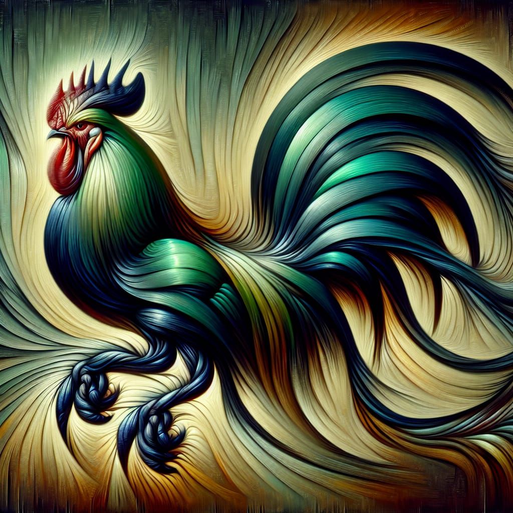 Art Deco Rooster Oil Painting with Gradient Feathers
