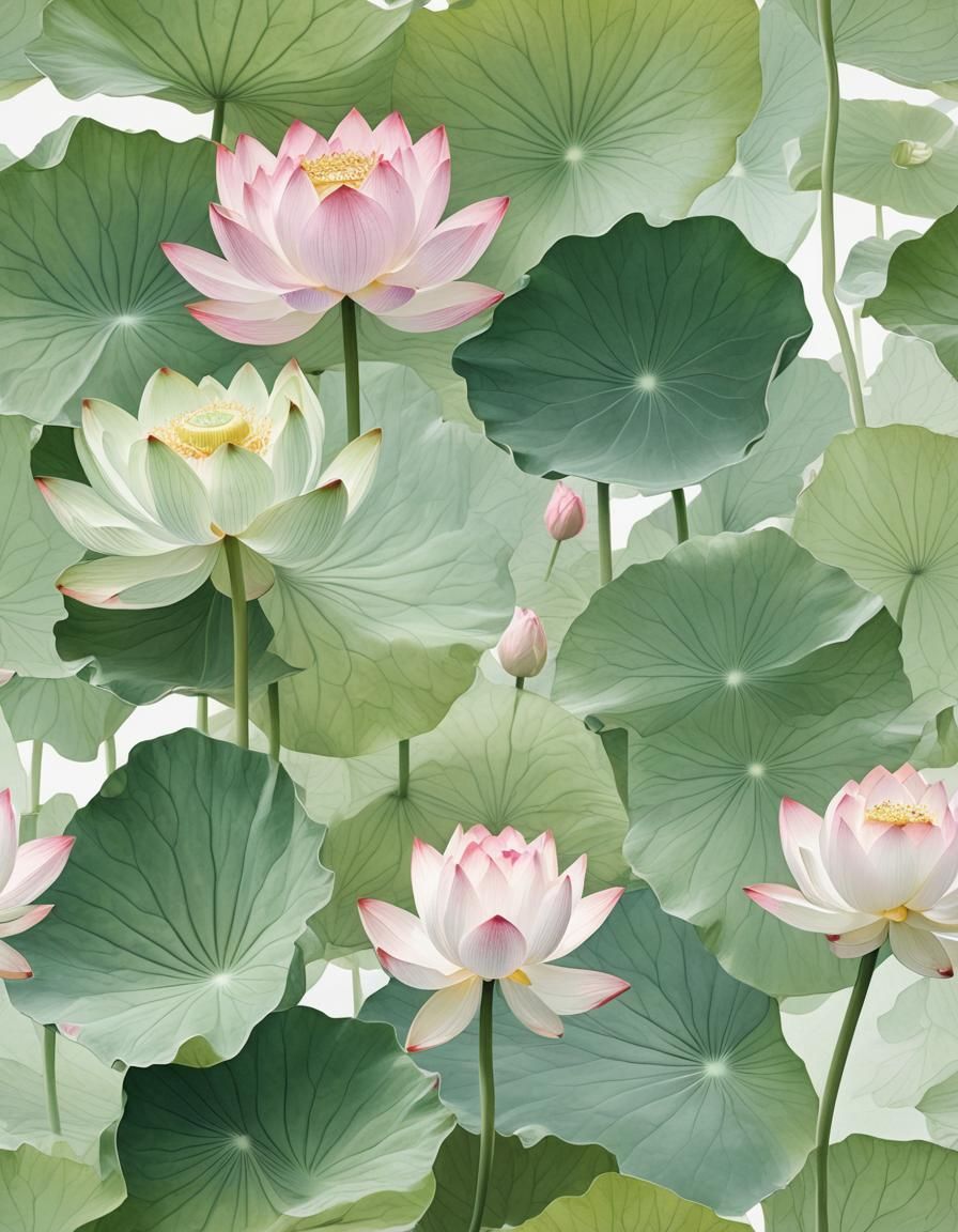 Lotus Leaves and Pink Flower in Still Life Style