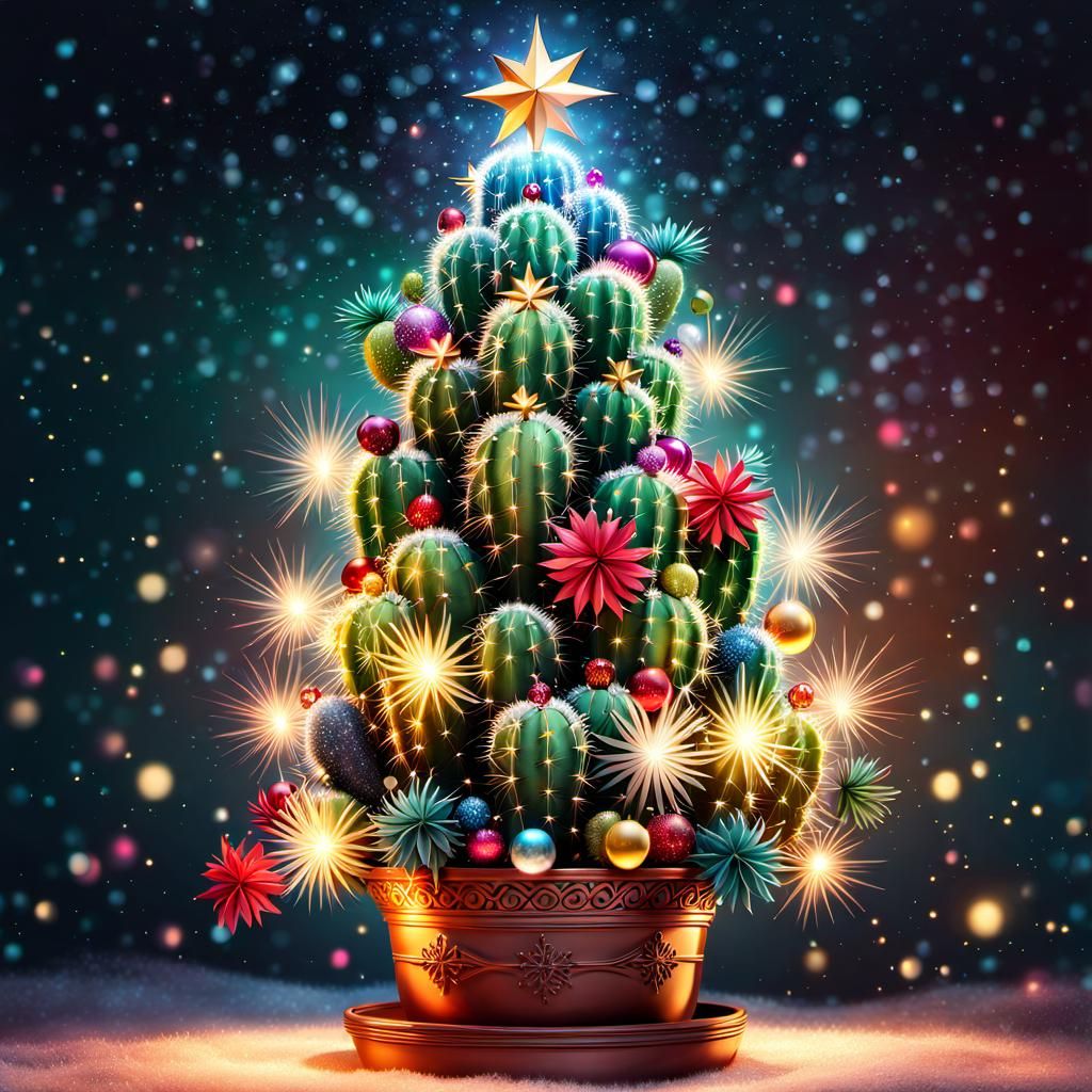 Magical Cactus Christmas Tree in Winter Wonderland