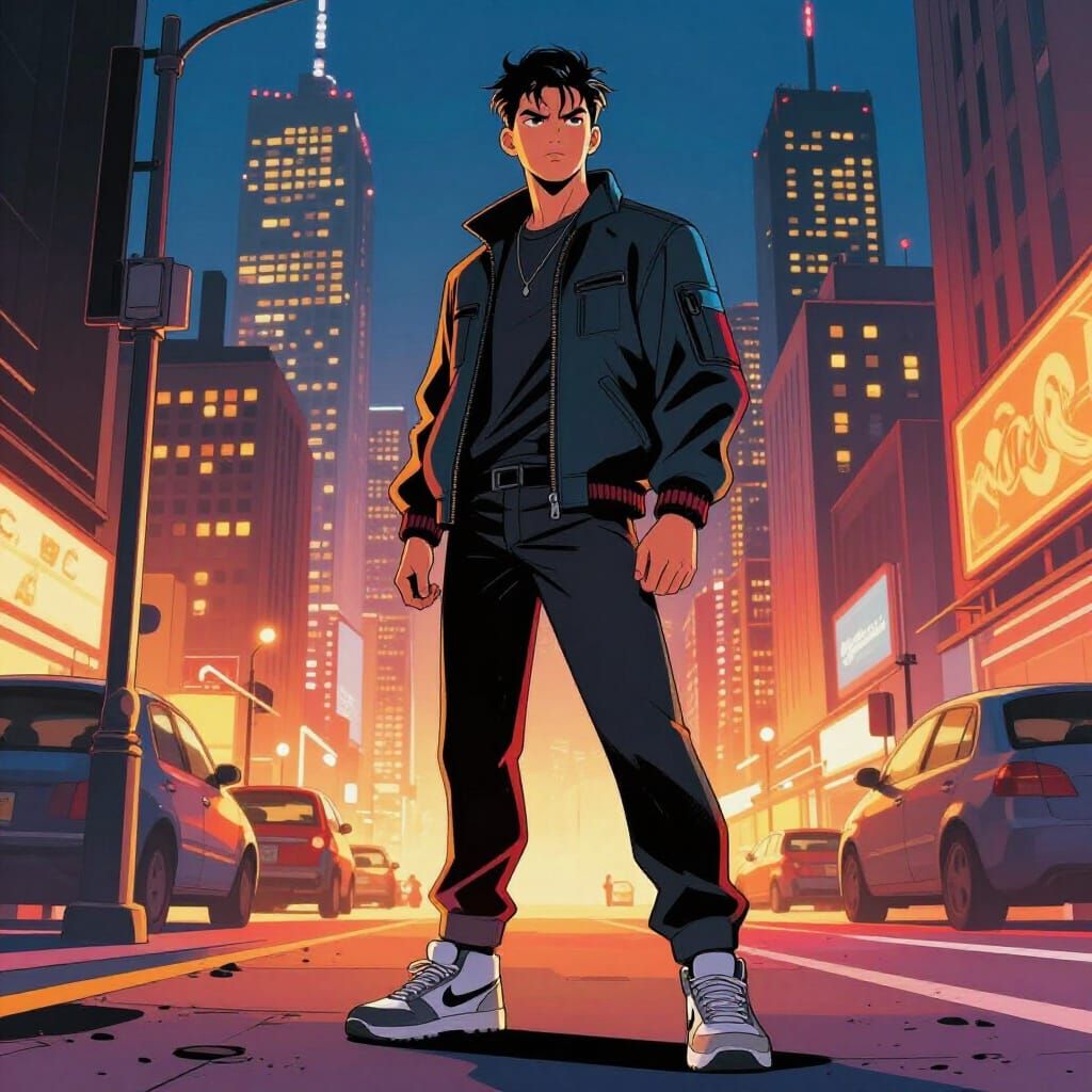 Urban Hero in Cityscape, Concept Art Style