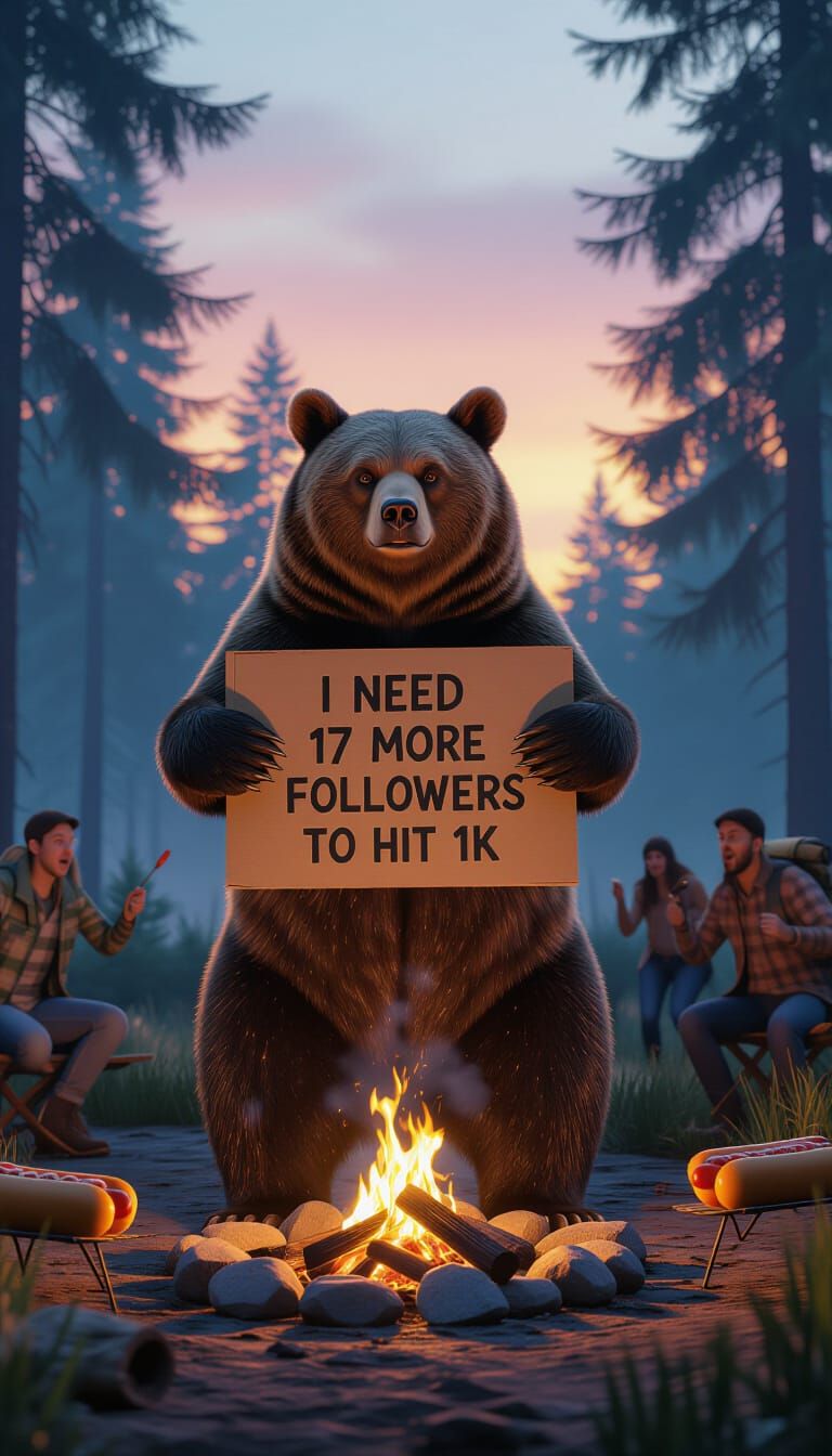 Comical Grizzly Bear Seeks Followers in Wilderness Scene