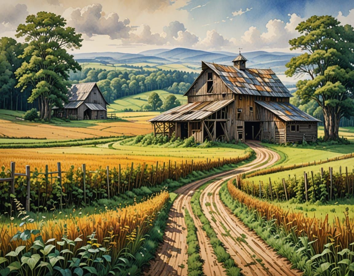 Watercolor Checkered Field Panorama with Old Barn