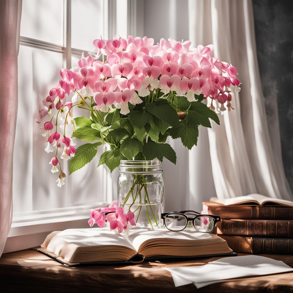 Bleeding Heart Flowers Still Life: Hyperrealistic Film Still