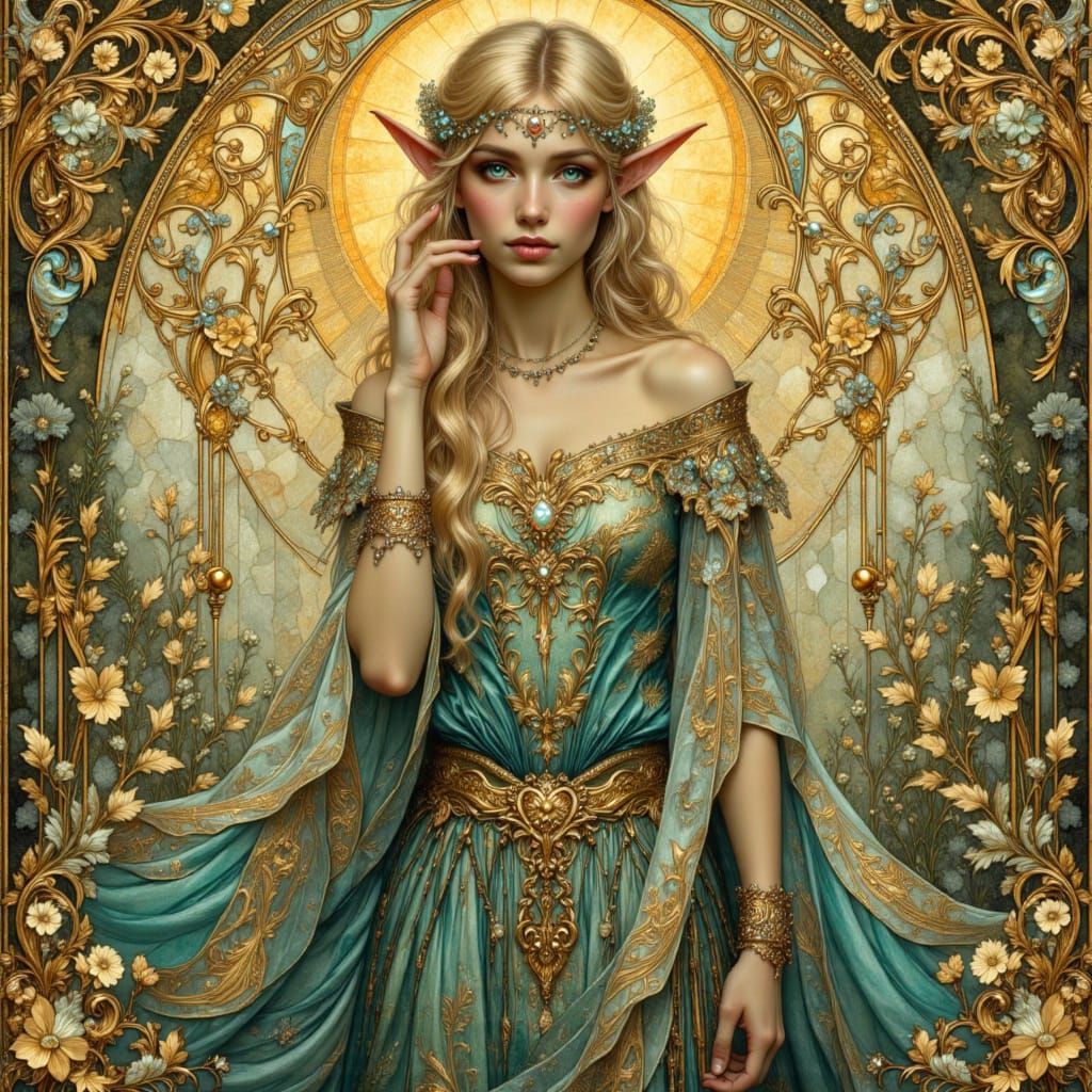 Art Nouveau Elf Portrait with Gold and Turquoise