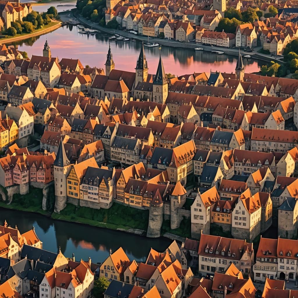 Fortified Coastal Town at Sunset in Matte Painting Style