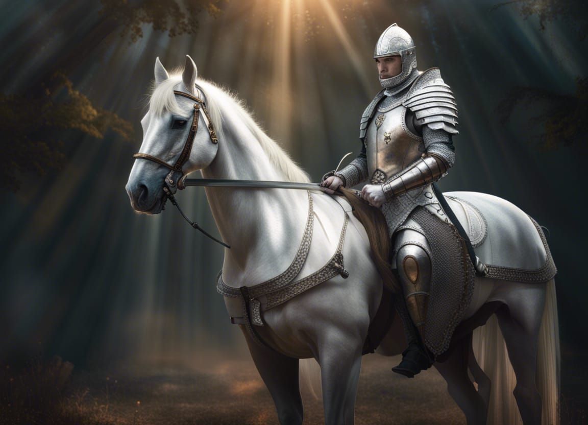Ancient Knight in Silver Armor with White Horse