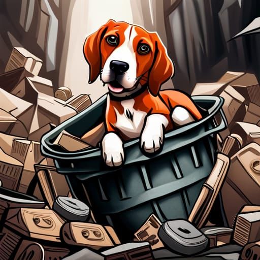Funny Red Beagle Mix in Trash Pile Concept Art