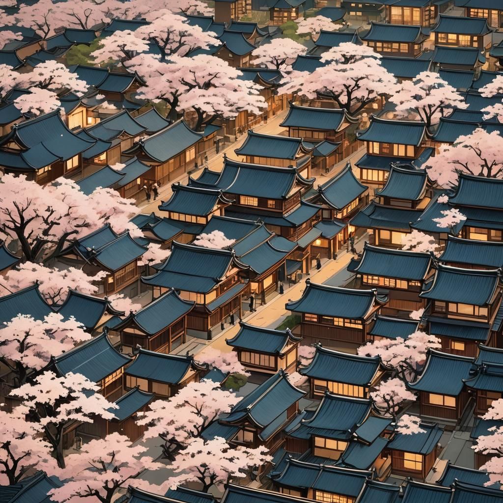 Tokyo Old Town Aerial View in Ukiyo-e Style