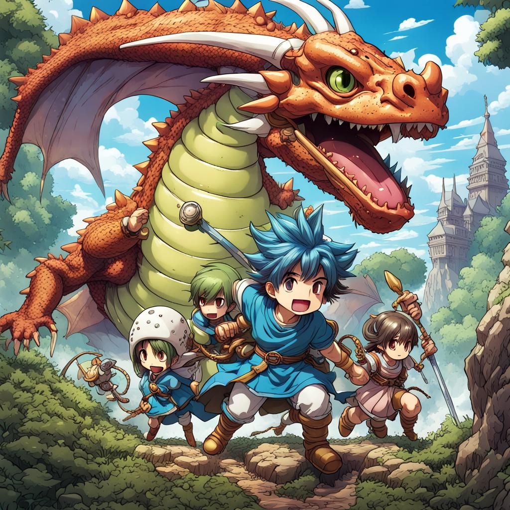 Cute Anime Warrior vs Slimes in Dragon Quest Style