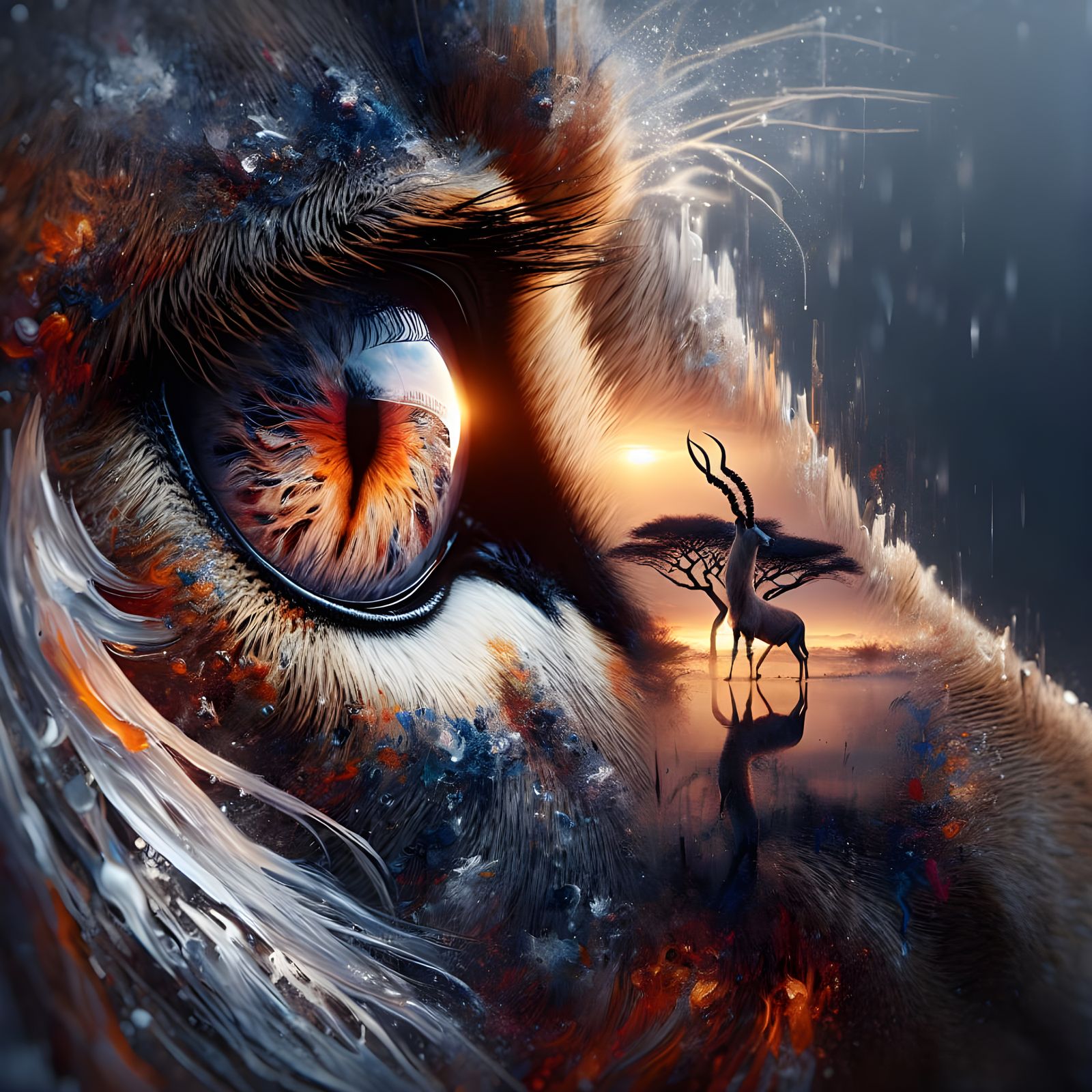 Lion's Eye Meets Serengeti Reflection in Double Exposure Mas...