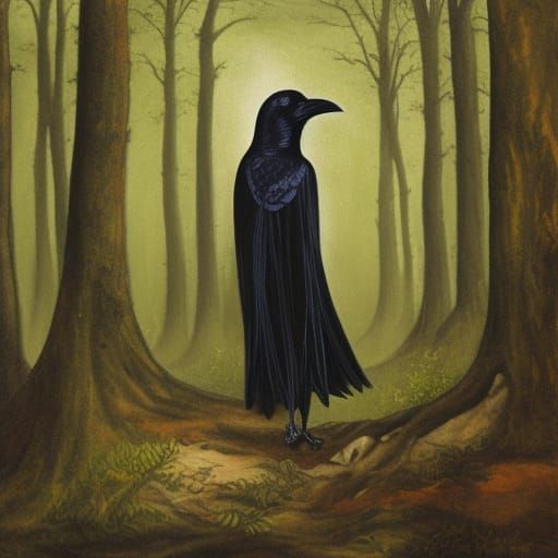 Raven-Headed Woman in Forest