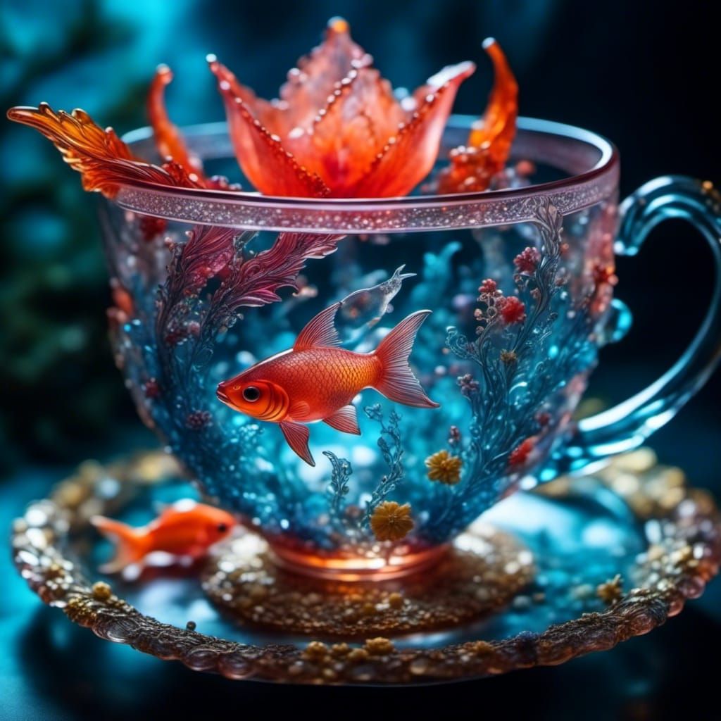 Glowing Glass Teacup with Colorful Fish