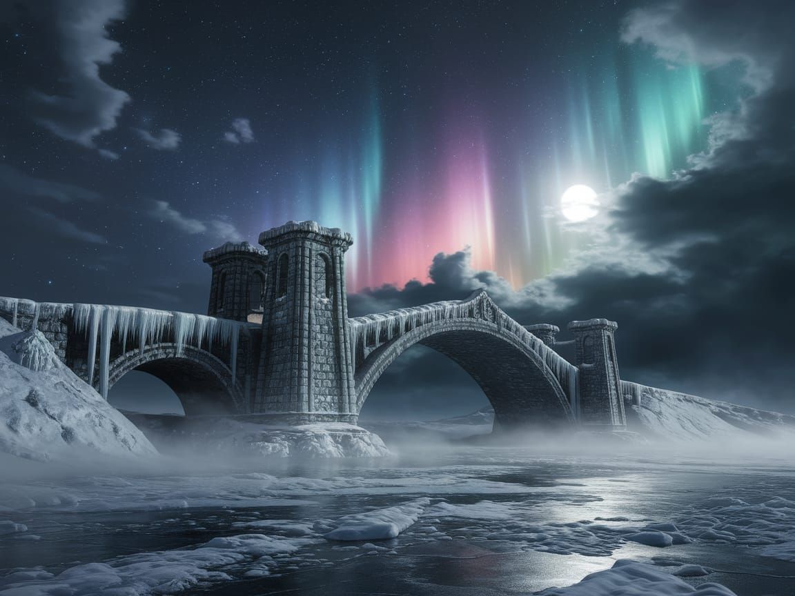 Majestic Stone Bridge in a Fantastical Winter Wonderland