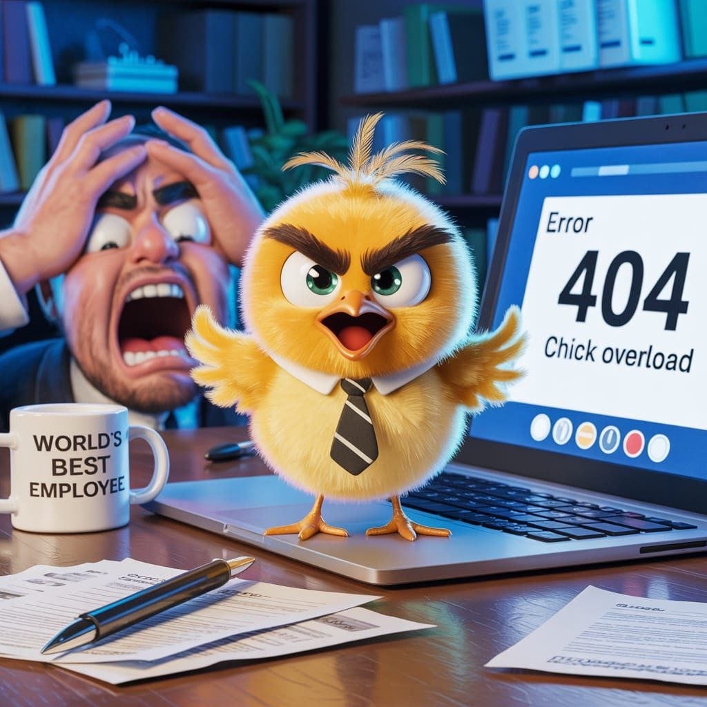 Angry Chick Office Overload: Pixar-Style Digital Art