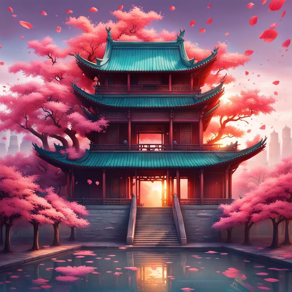 Ancient Chinese Palace with Sakura Trees in Graffiti Art