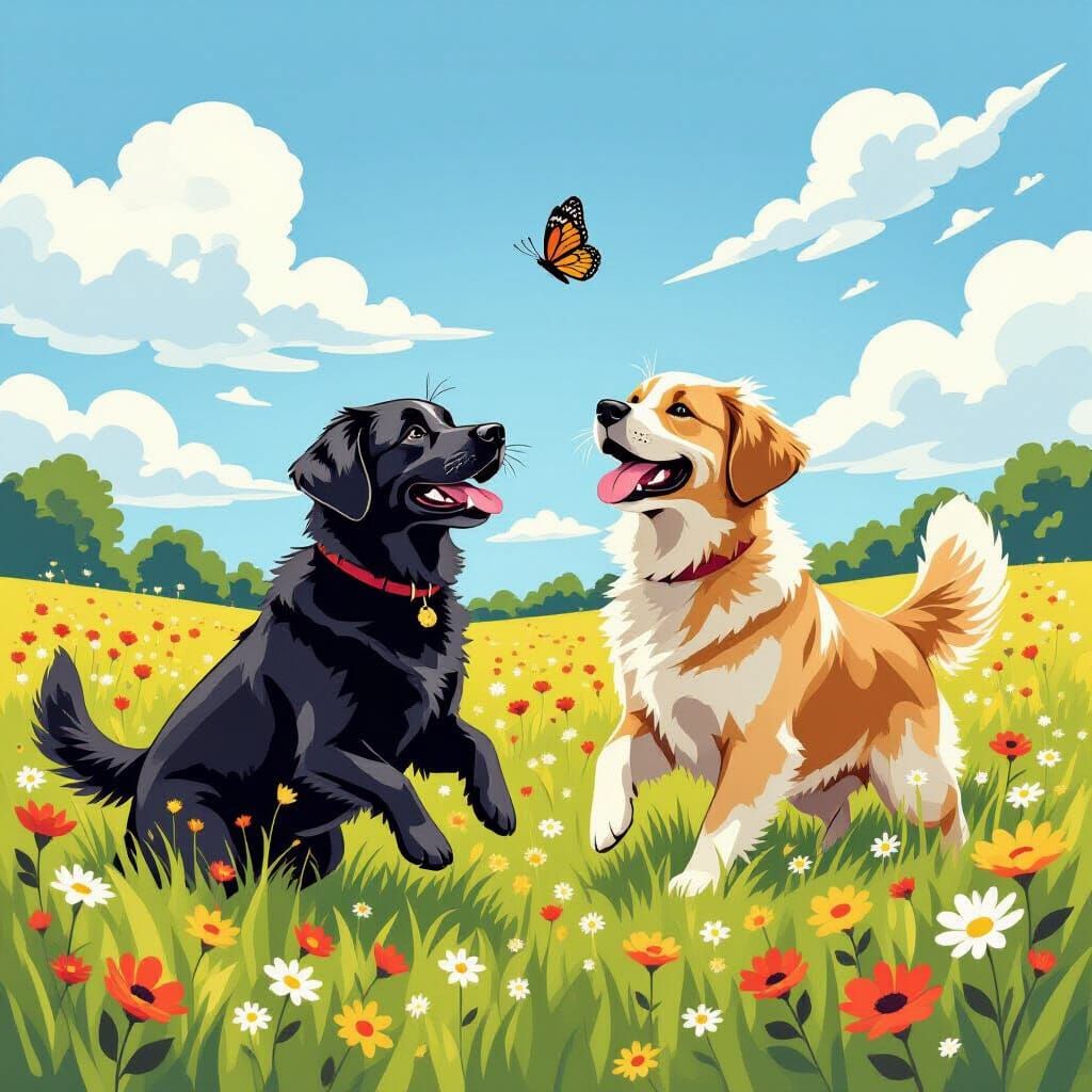 Dogs Chase Butterfly in Sunny Meadow