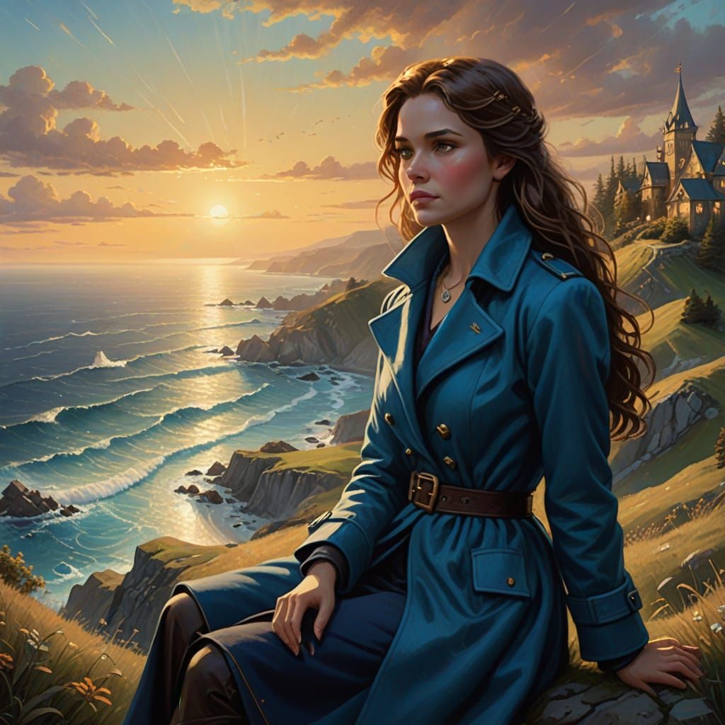 Woman Overlooking Ocean in Golden Light: Oil Painting