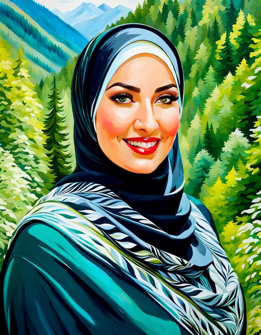 Elegant Hijabi Woman in Mountain Forest Oil Painting