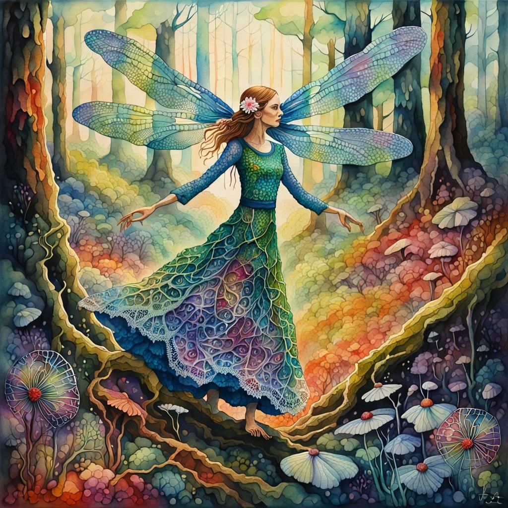 Dragonfly Woman Dancing in Mycelium Network, Watercolor
