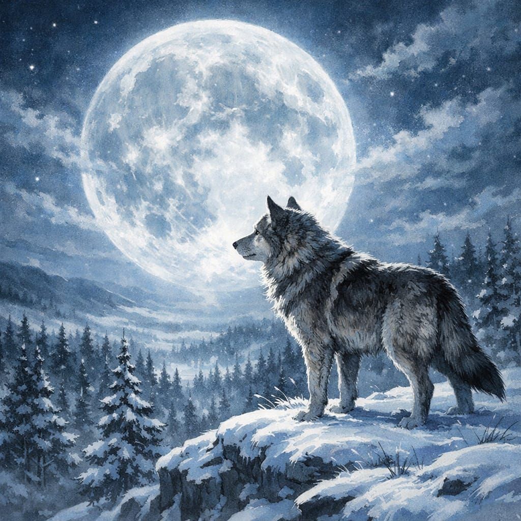 Shiloh the Wolf Under a Full Moon
