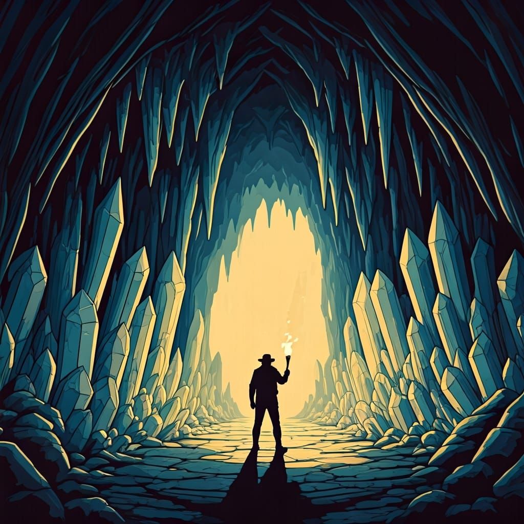 Explorer at Crystal Cave Entrance, Adventure Illustration