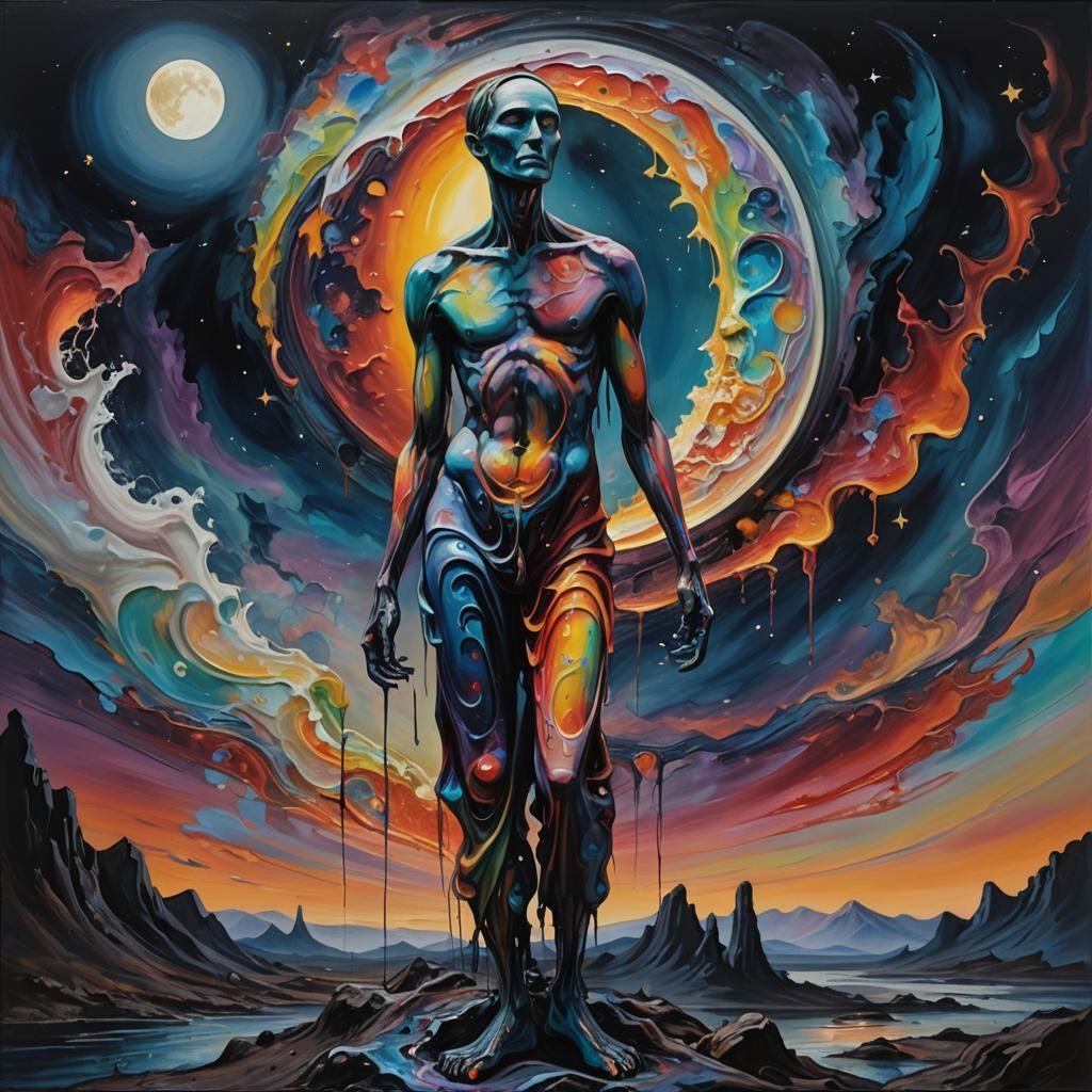 Dreamlike Figure with Melting Skin in Surreal Oil Painting