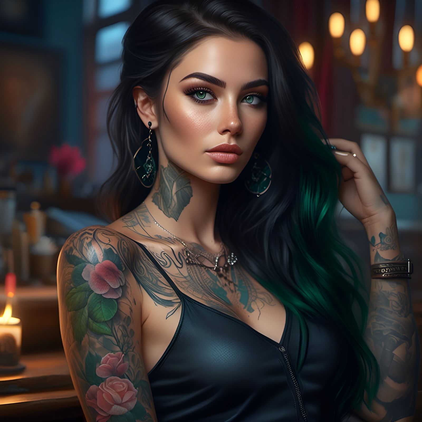 Tattoo Artist in Studio: Detailed Fantasy Art