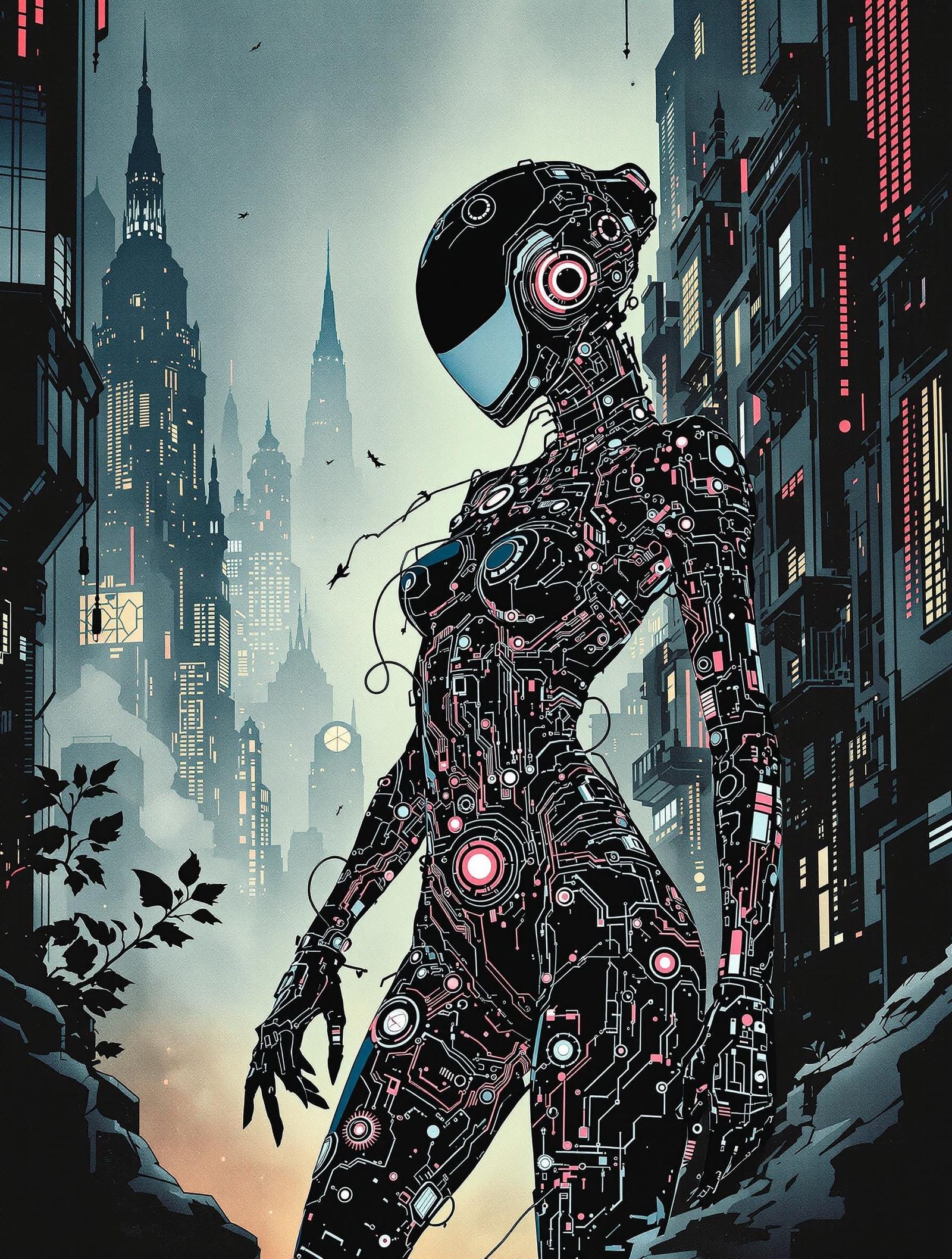 Cyborg Agent in Futuristic Cityscape, in Memphis Style