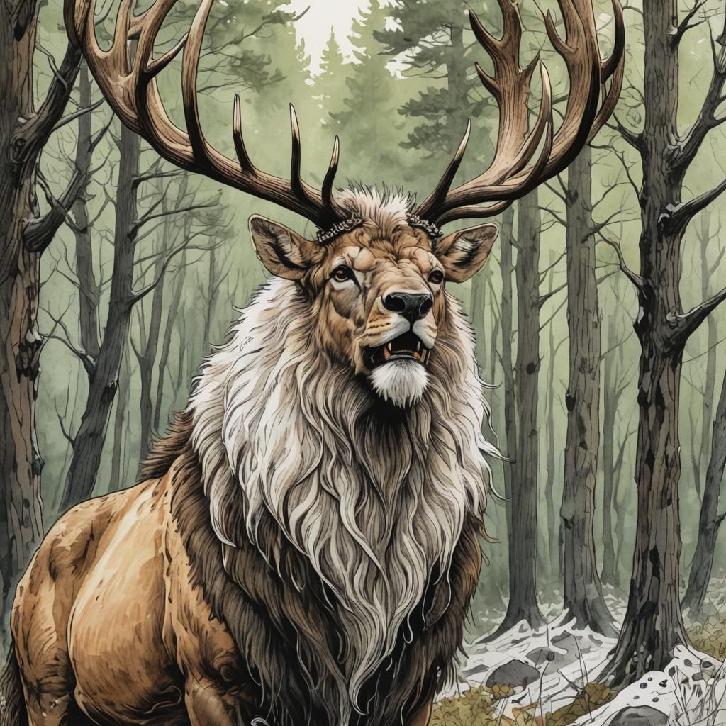 Elk-Lion Hybrid Creature in Pen and Ink