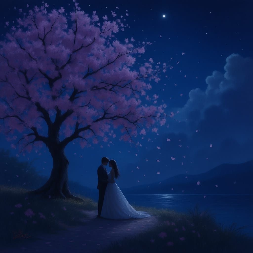 Lovers Reunited Under Moonlight Cherry Blossoms