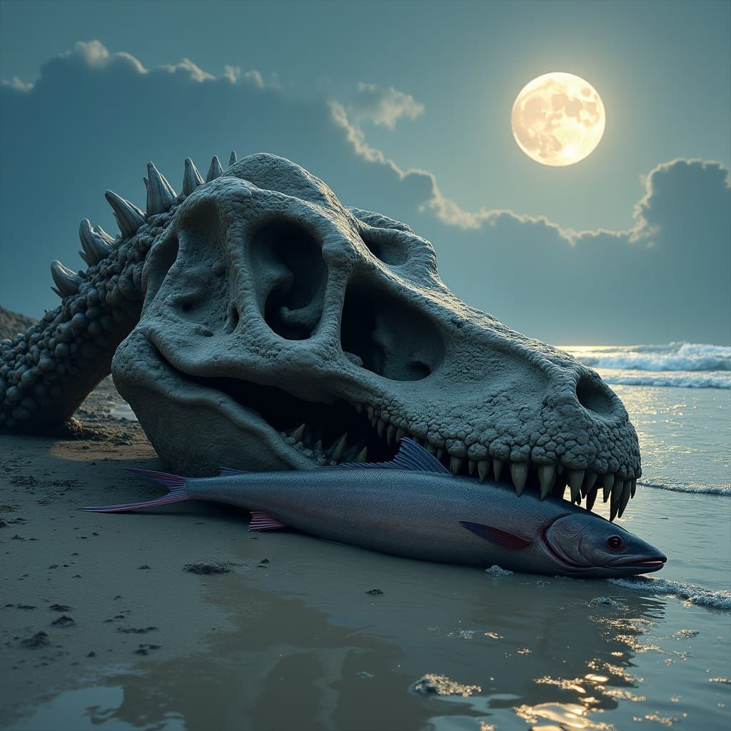 Fossilized Spinosaurus Skull with Fish on Beach