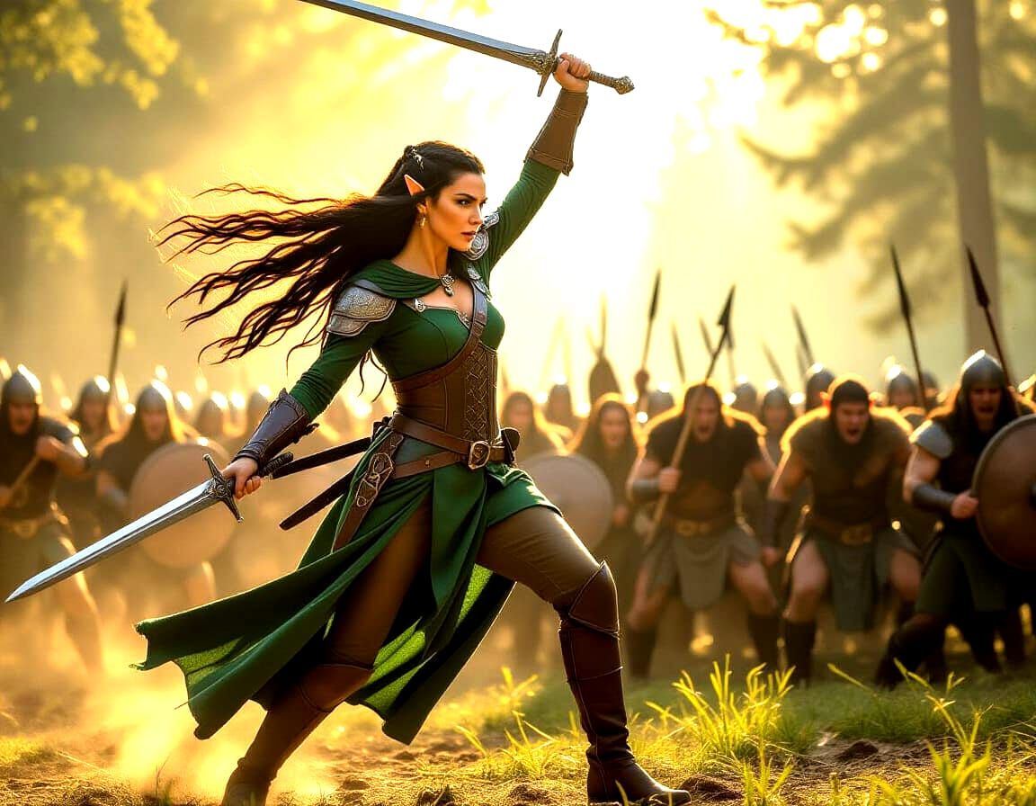 Elf Queen Leading Charge in Forest Battle
