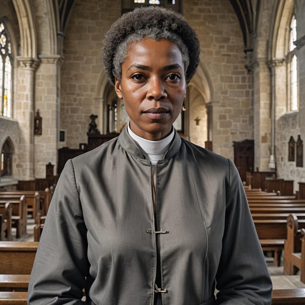 Photorealistic Afro-Caribbean Vicar in Norman Church