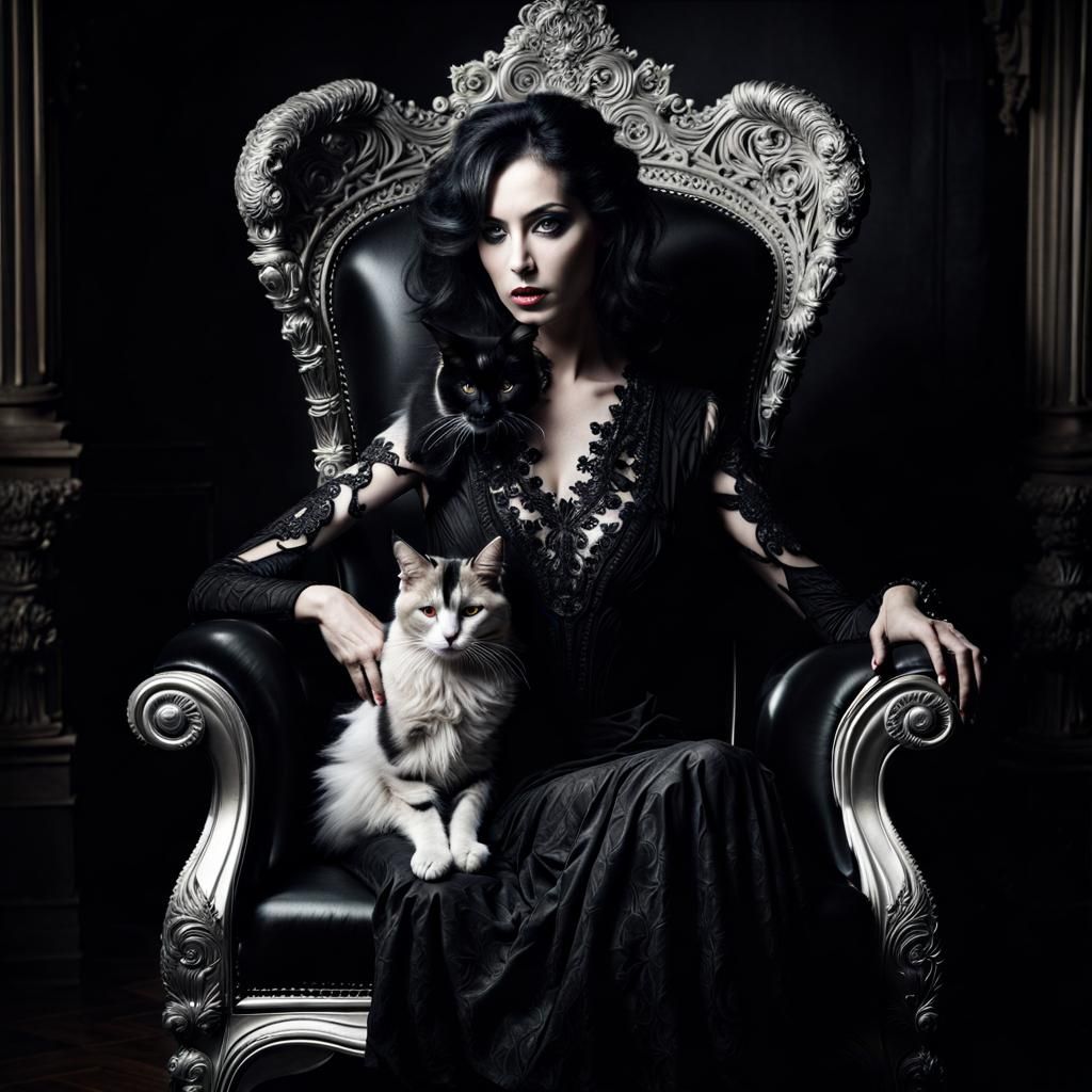 Goth Woman with Cat in Silver Nitrate Style