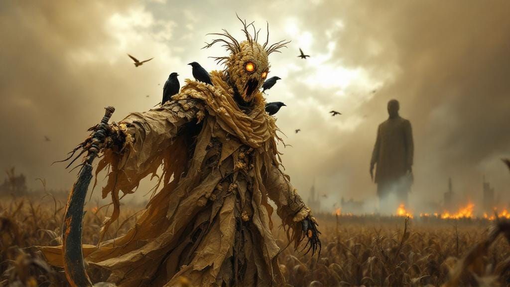 Dystopian Popcorn Scarecrow Wields Molasses Sickle