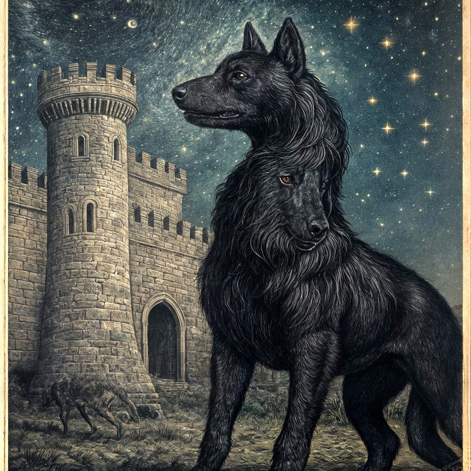 Dog-Headed Being Outside Castle: Golden Age Illustration