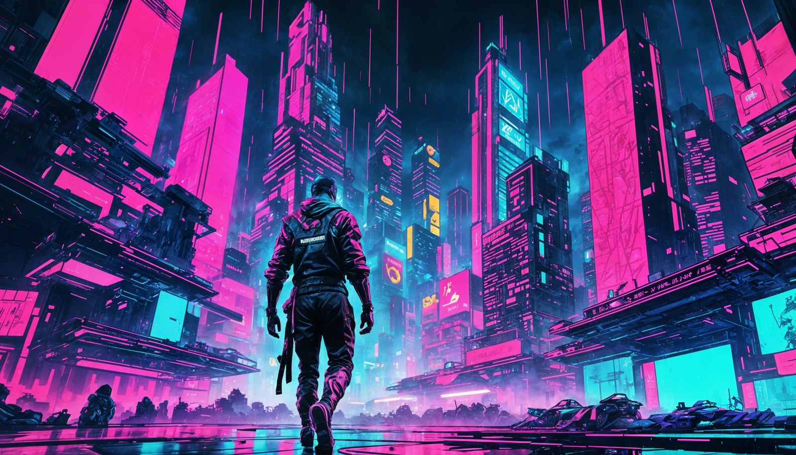Cyberpunk Ninja Leaping Between Neon Skyscrapers