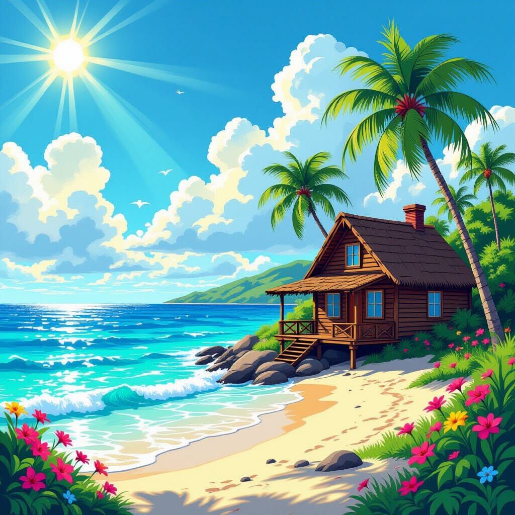 Tropical Cabin by the Shore in Comic Book Style