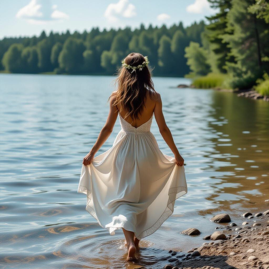 Woman in a Rubbery Coat by a White Lake
